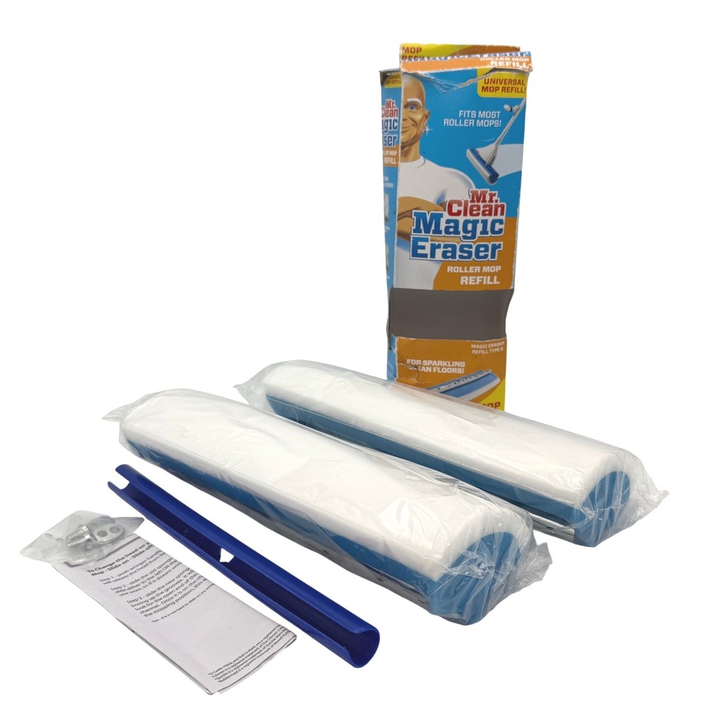 Mr. Clean Magic Eraser Roller Mop 2 Refills Type B Universal White Blue NEW